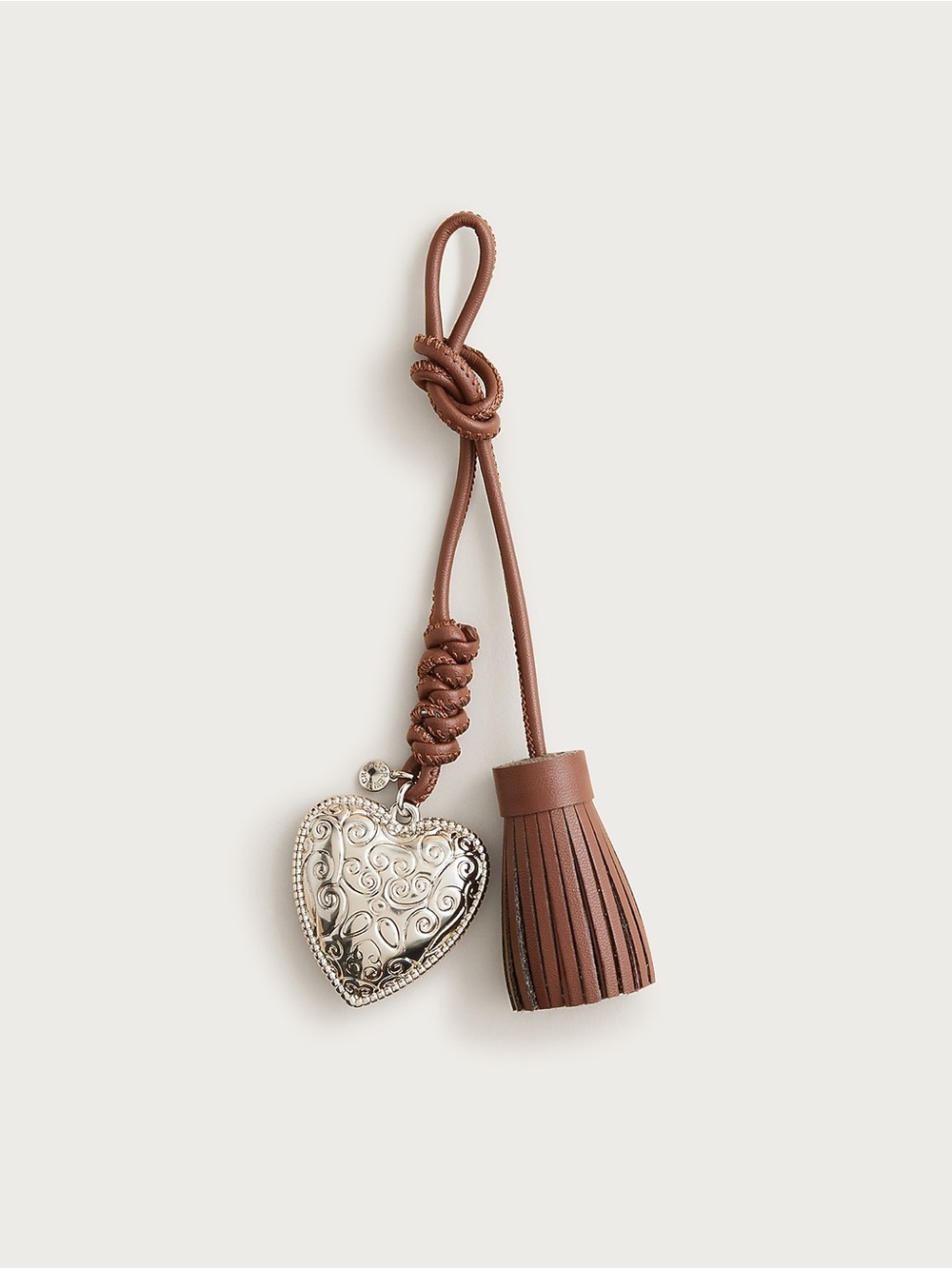 J.Crew Beaded Heart Tassel Bag Charm Brown Silver NWT